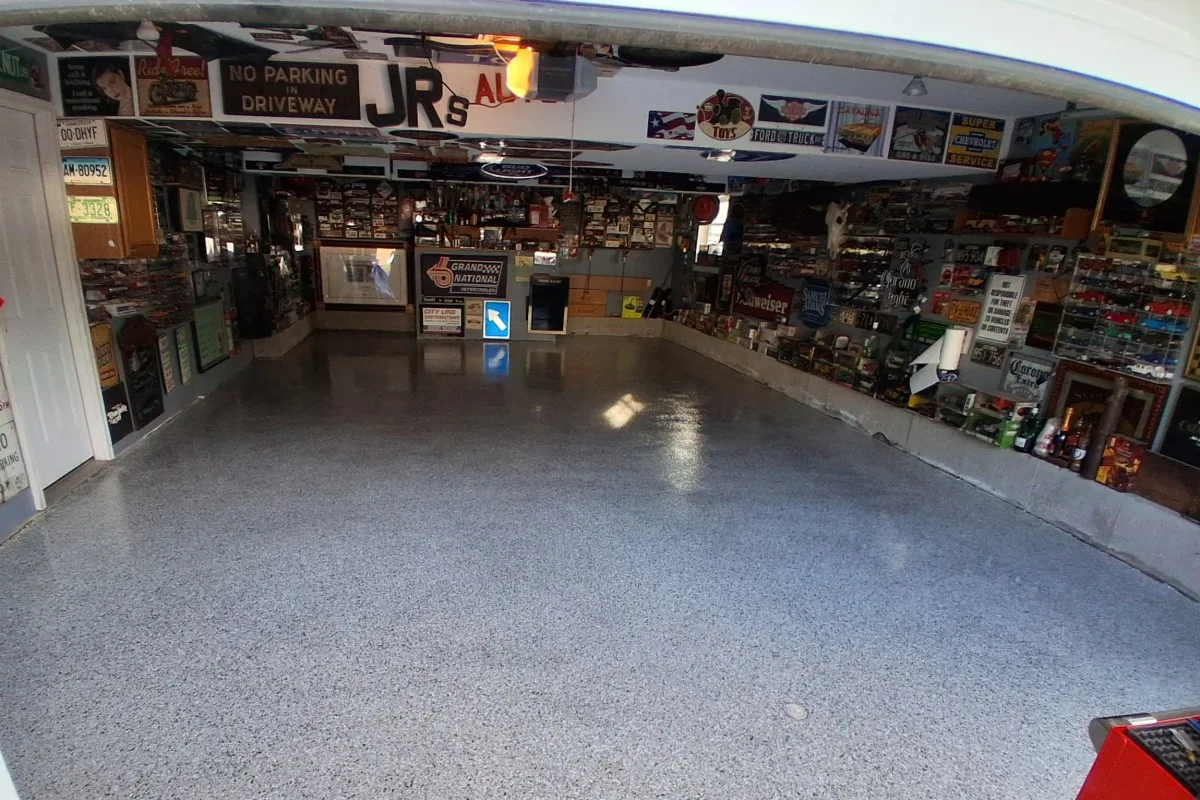 The same garage from the same spot, finished in gray flake with a gloss topcoat